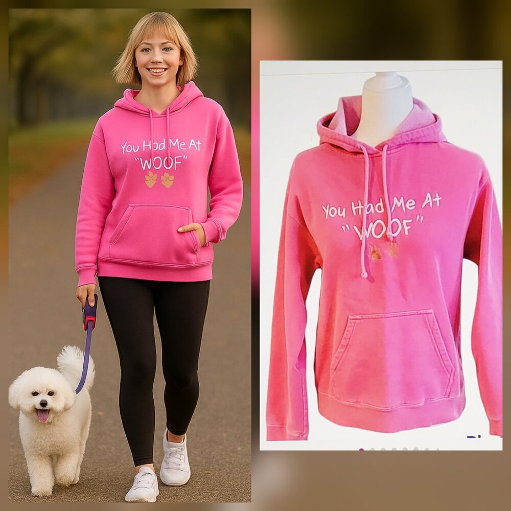 Genuine Pigment Dyed “You Had Me At Woof" Hoodie with Paw Prints Pink EUC